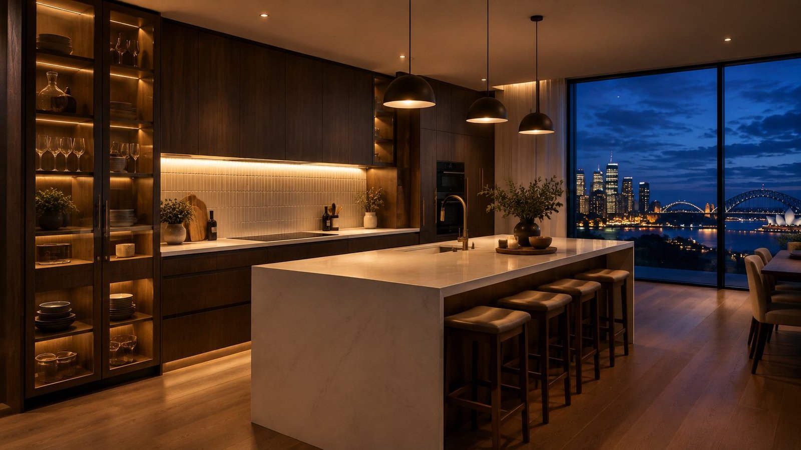 Timber kitchen with a stone island and Sydney Harbour views