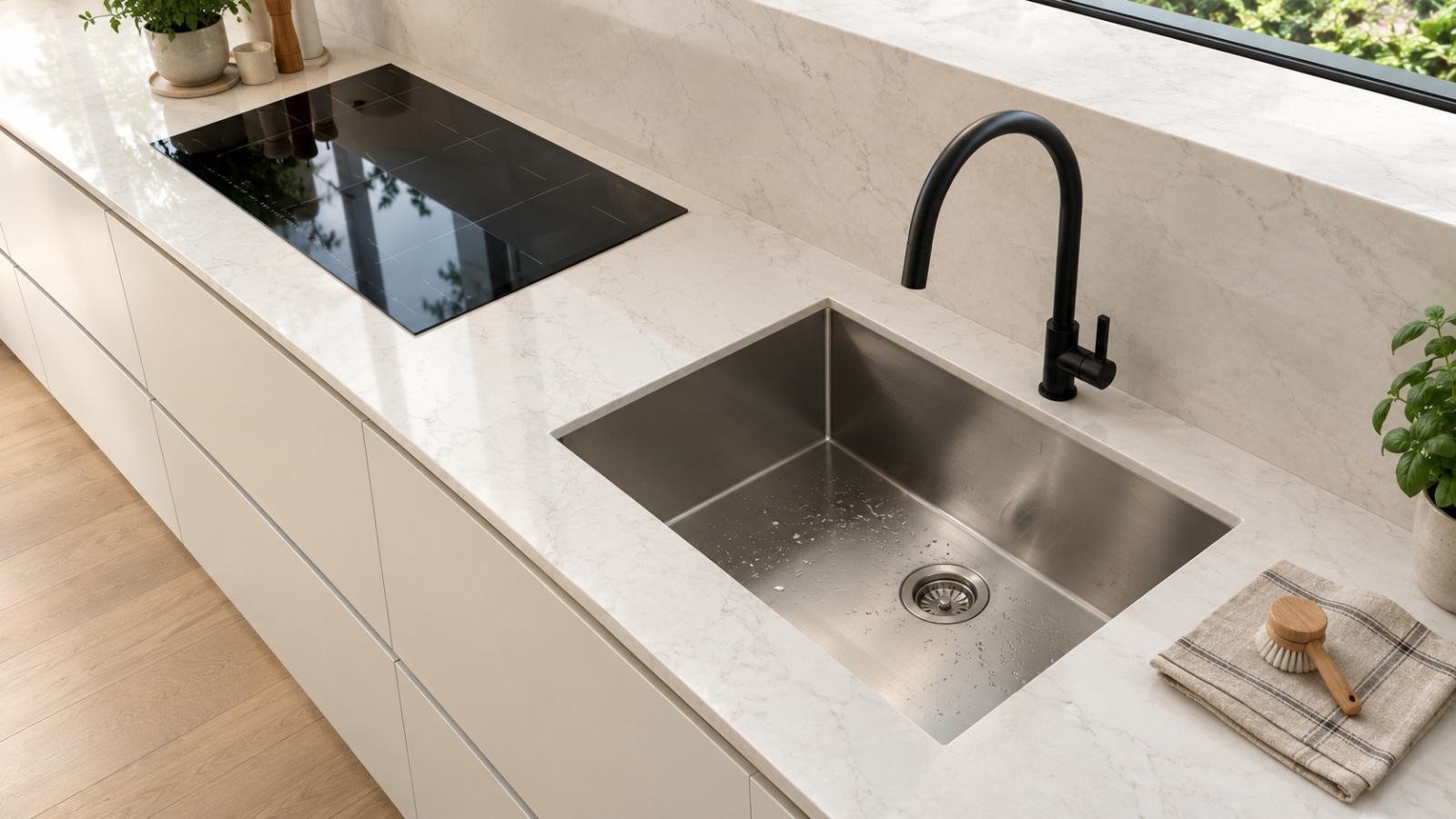 Stone benchtop with an undermount sink and induction cooktop
