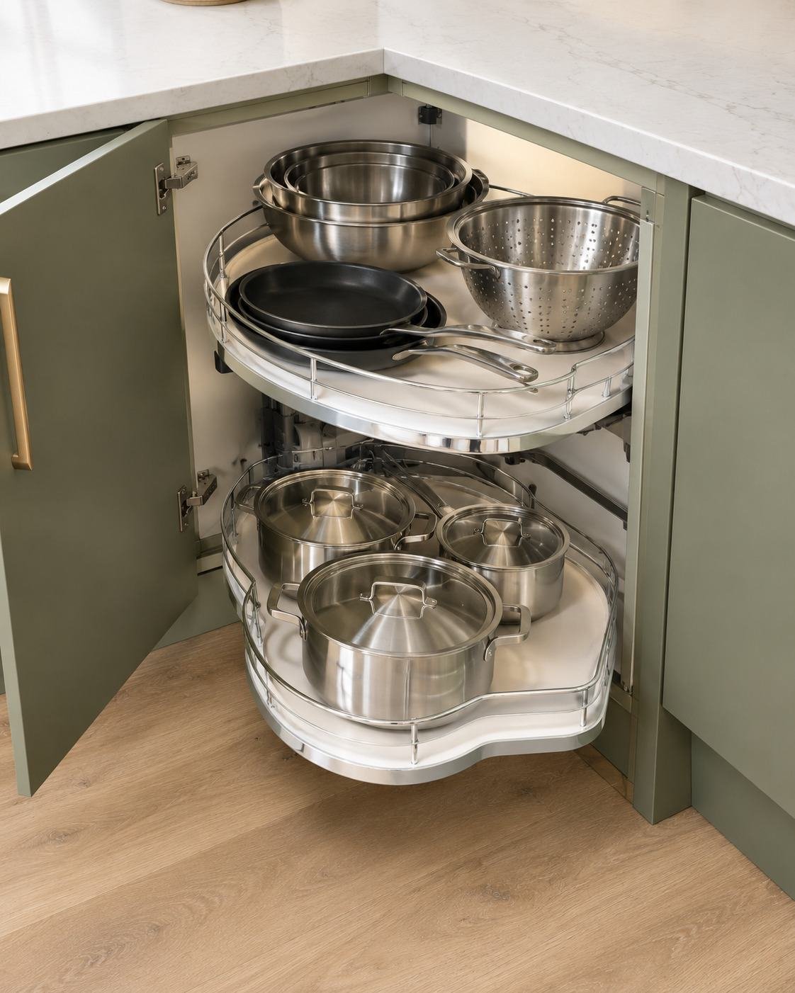 Sage green corner cabinet with a pull-out carousel