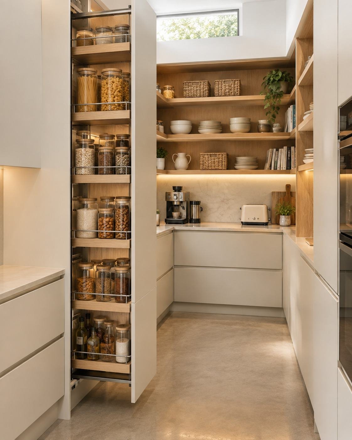 Butler’s pantry with a tall pull-out and open oak shelving