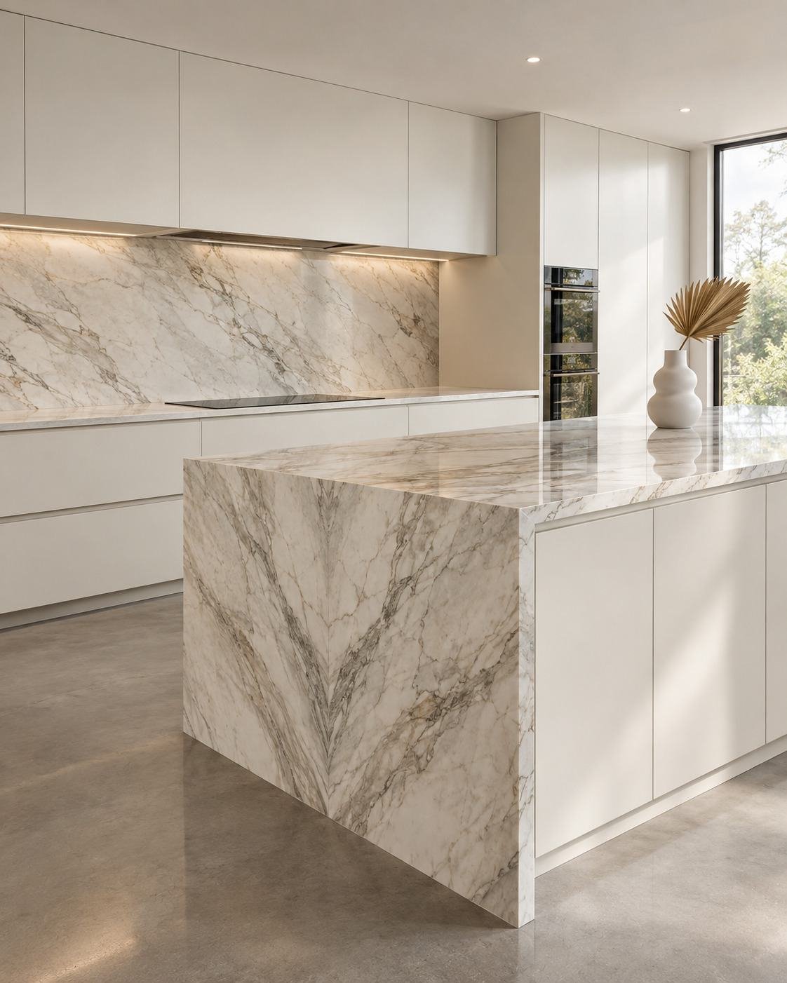 White handleless kitchen with a marble waterfall island