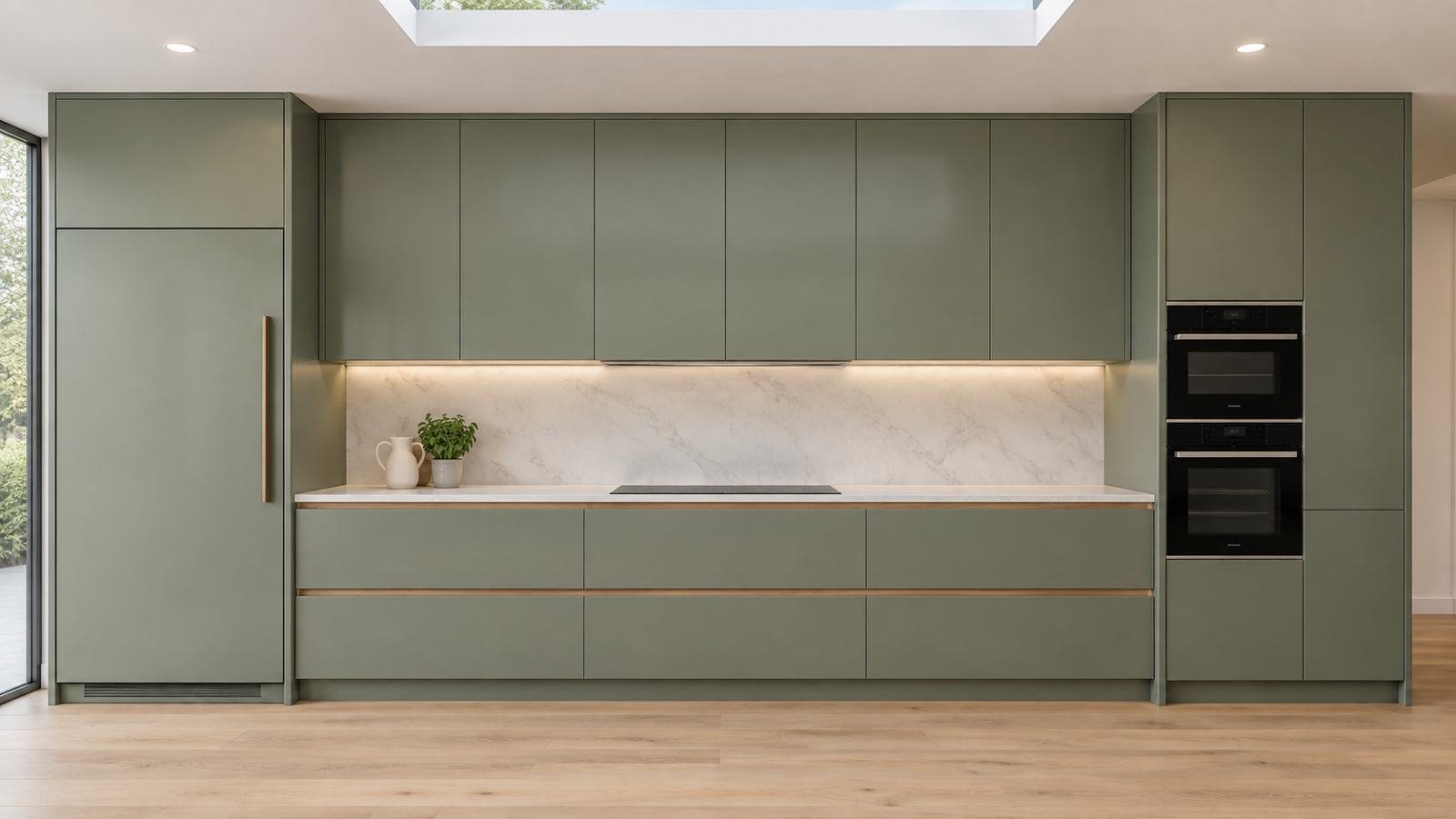 Sage green handleless kitchen with integrated appliances